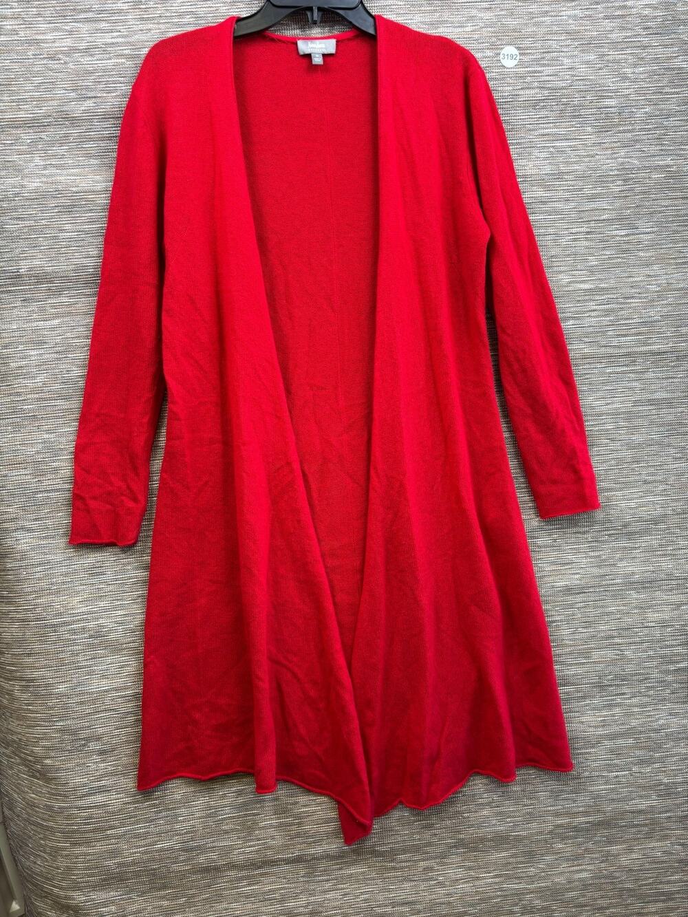 Neiman Marcus Cardigan Sweater Womens M Red Cashmere Open Front Ruffle Hem Knit